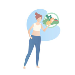 Plan for weight loss for female,Diet and Exercise,Woman in workout clothes with healthy vegetables and fish,protein vitamins food natural complete nutrition,Vector illustration.