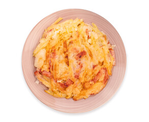 Korean pancake or Pajeon, Korean  dish made from egg and wheat flour with Potato bacon.Traditional korean food isolate on white with clipping path.