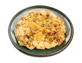 Korean pancake or Pajeon, Korean  dish made from egg and wheat flour with chili and chives vegetable Isolate opn white PNG File.