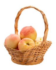 Pink Peach on White Backgroung, Peach fruit in bamboo basket on white background PNG File.