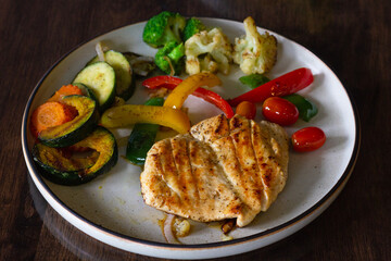 Grilled chicken fillet with mix vegetables plate. Healthy food menu concept
