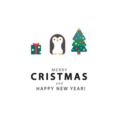 christmas card with christmas tree, penguin, gift box