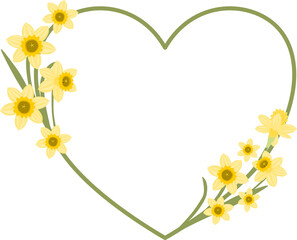Heart frame with yellow daffodils. Flat design.