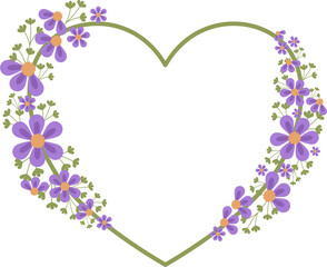 Heart frame with purple flowers. Flat design.