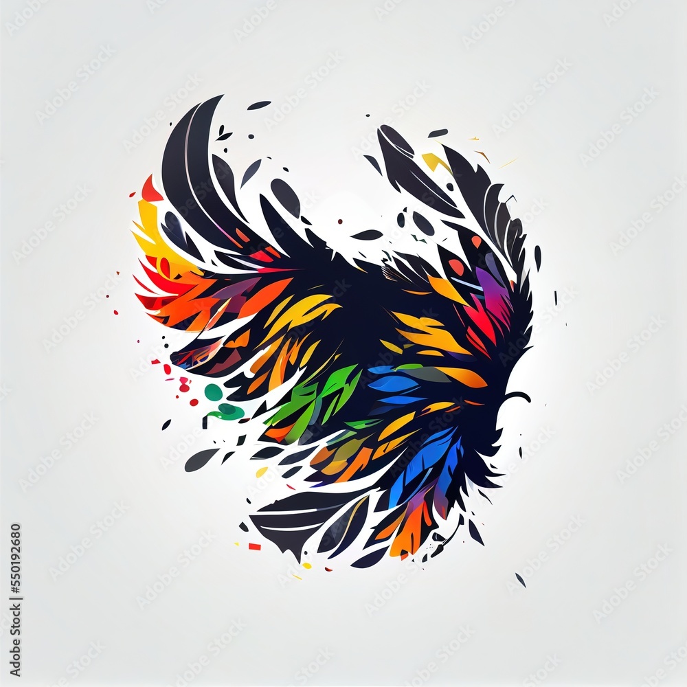 Poster a colorful bird with black wings and multicolored feathers on a white background with a white frame 