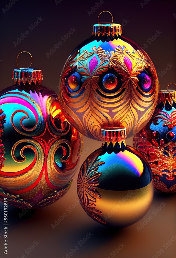 Poster a group of christmas ornaments sitting on top of a table next to each other on a table top with a bl
