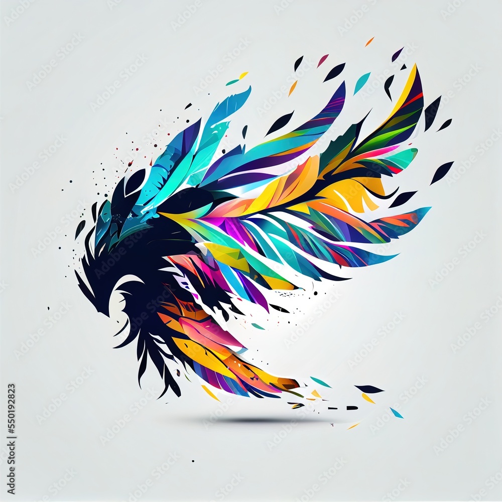 Poster a colorful bird with feathers flying through the air with a white background and a shadow on the gro