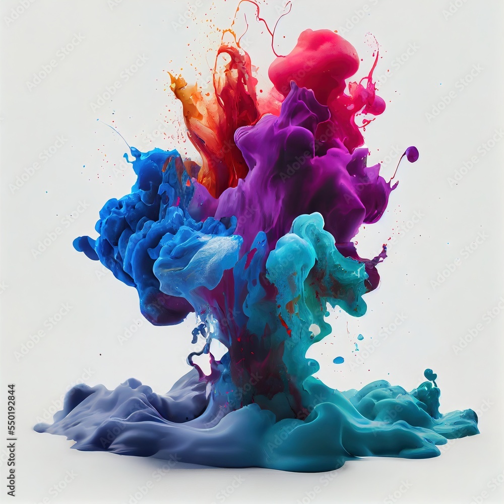 Poster a colorful liquid is being dropped into water on a white background with a white background behind i