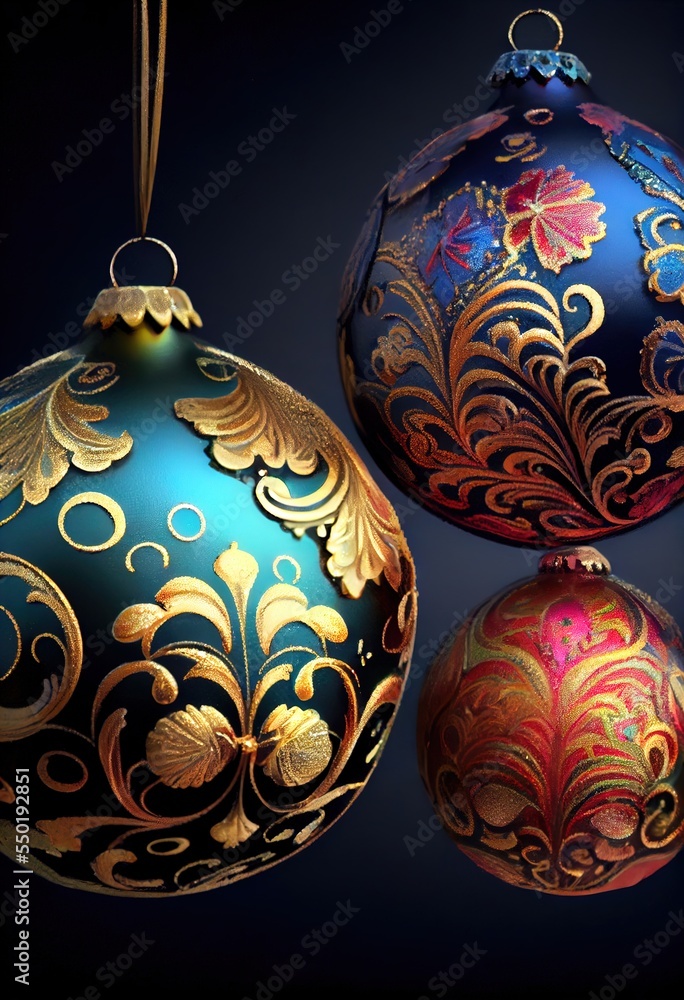 Poster three ornaments are hanging from a string on a black background. generative ai