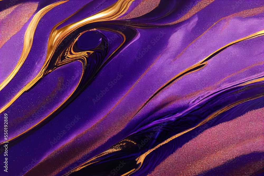 Poster a purple and gold abstract painting with a black background and gold lines on the bottom of the imag