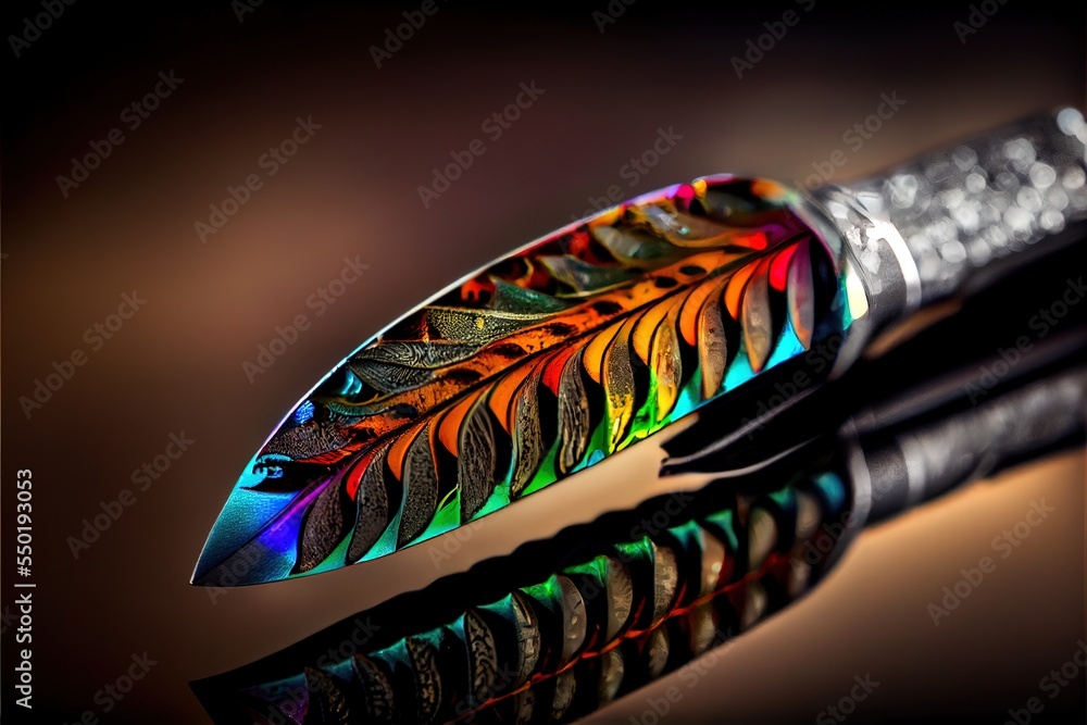 Poster a colorful feather pen with a black nib on it's tip and a black nib on the tip. generative ai