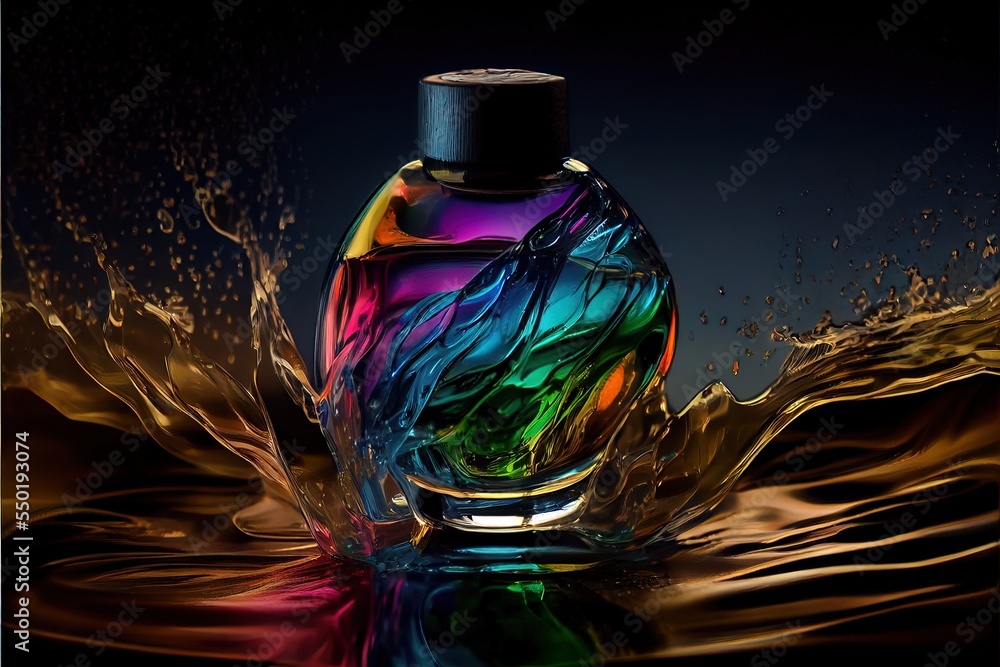 Poster a colorful bottle of liquid with a splash of water on it's surface and a black background with a bla