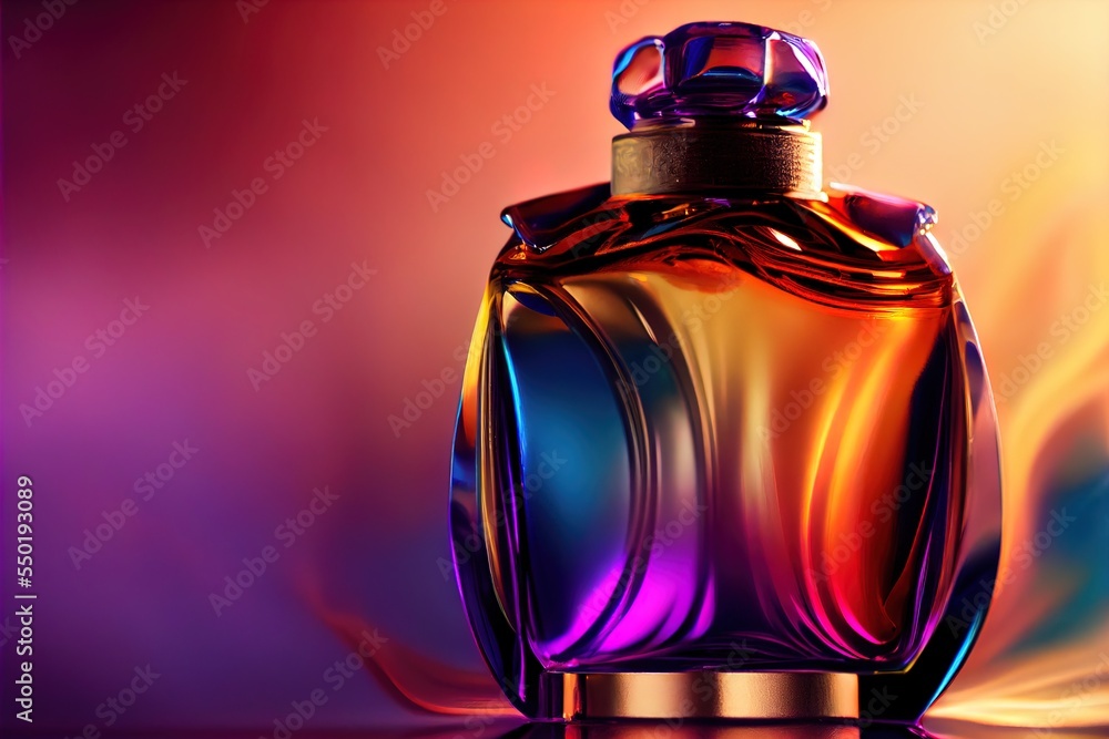 Poster a colorful bottle of perfume on a shiny surface with a colorful background behind it and a reflectio