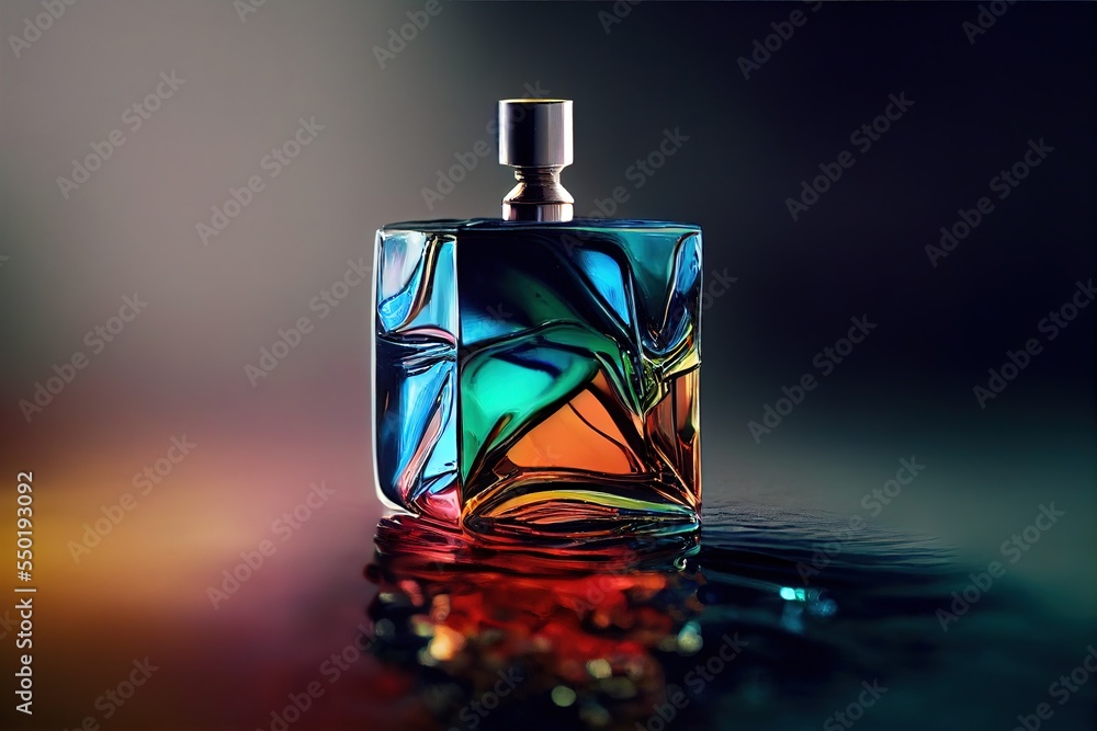 Poster a colorful glass bottle with a silver top on a table top with a reflection of the bottle on the surf