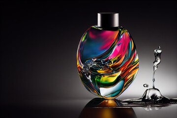  a colorful glass bottle with a silver top and a silver base on a reflective surface with a dropper. Generative AI