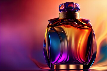  a colorful bottle of perfume on a shiny surface with a colorful background behind it and a reflection of the bottle. Generative AI