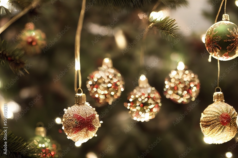 Poster a christmas tree with ornaments hanging from it's branches and lights on it's branches and a christm