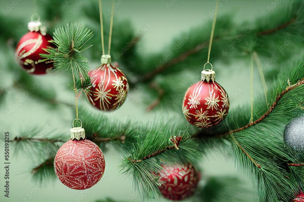 Poster a group of red and silver ornaments hanging from a tree branch with green needles and needles on it.