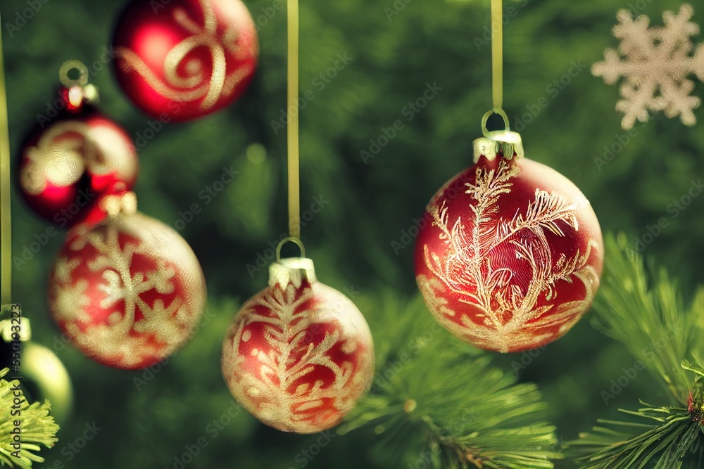 Poster a group of christmas ornaments hanging from a tree branch with snowflakes on them and a pine cone. g