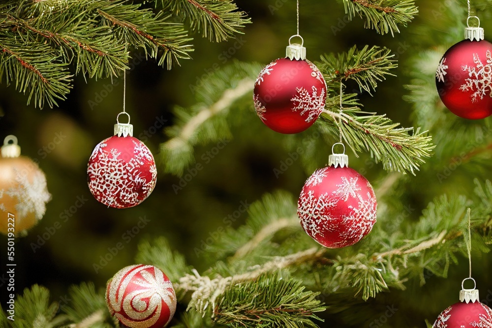 Poster a group of red and white ornaments hanging from a tree branch with pine needles and needles in the b