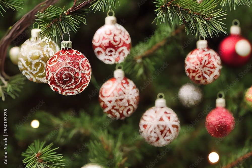 Poster a christmas tree with ornaments hanging from it's branches and lights on the branches of the tree in