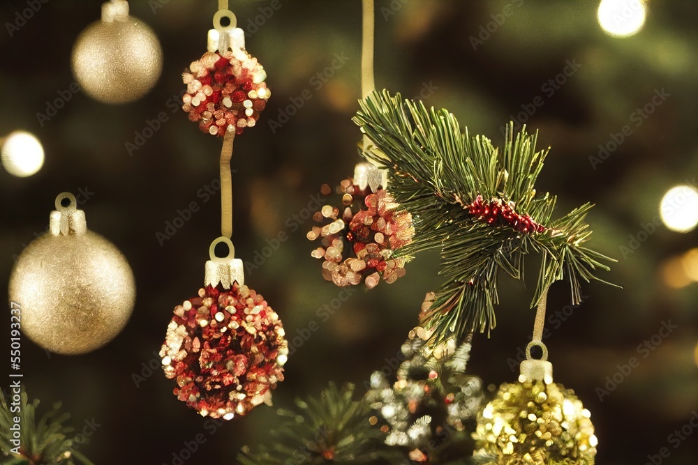 Poster a group of ornaments hanging from a christmas tree branch with lights in the background and a pine c