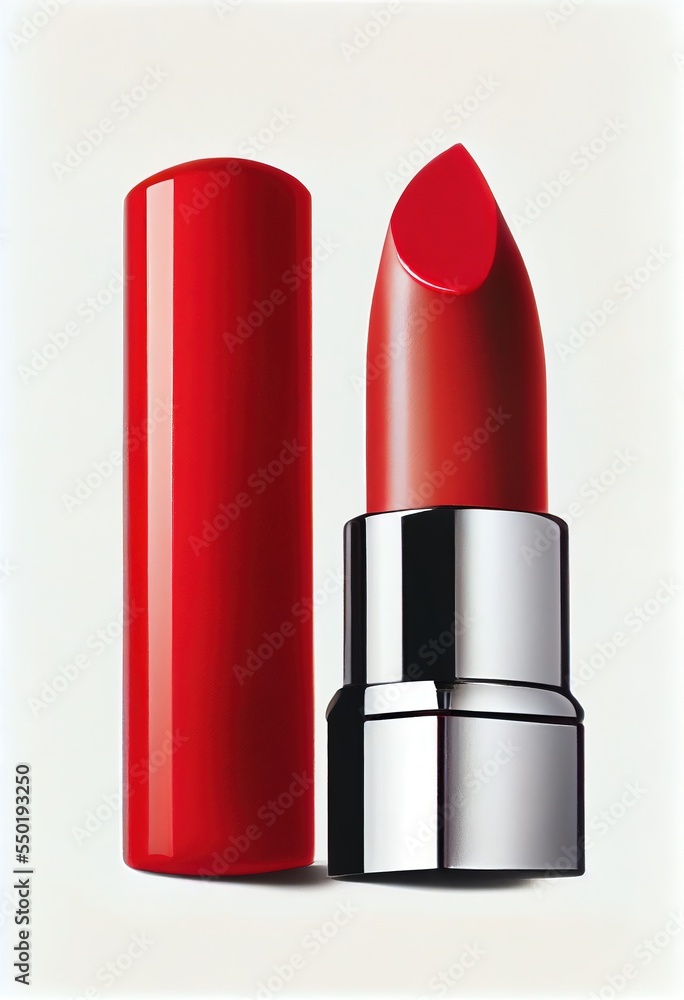 Poster a red lipstick with a silver cap on a white background with a white background and a white backgroun