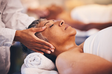 Face massage, relax and senior woman, spa wellness and sleeping during cosmetic therapy. Luxury...