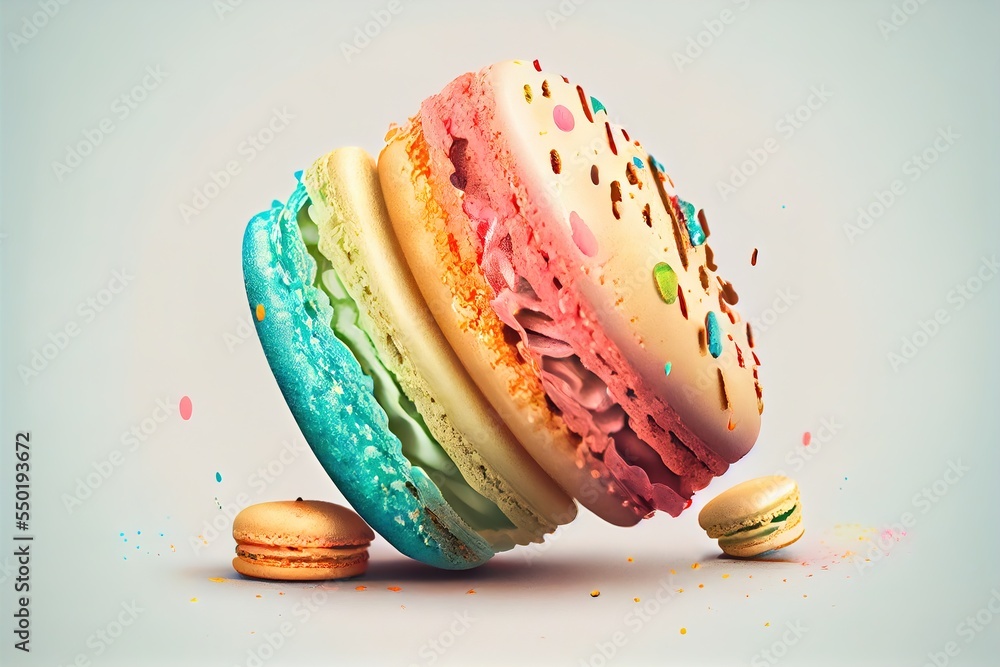 Aufkleber a colorful macaroon falling down on the ground with a bite out of it's side and a few other macaroon
