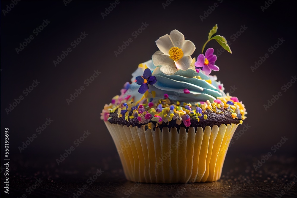 Poster a cupcake with frosting and flowers on top of it on a table with a dark background and a black backg