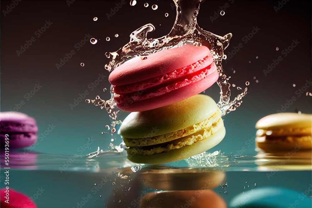 Poster a stack of macaroons with water splashing on them and a splash of water on the top. generative ai