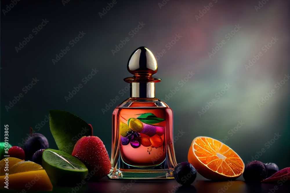 Poster a bottle of perfume surrounded by fruit and leaves on a table top with a spoon in it and a glass con