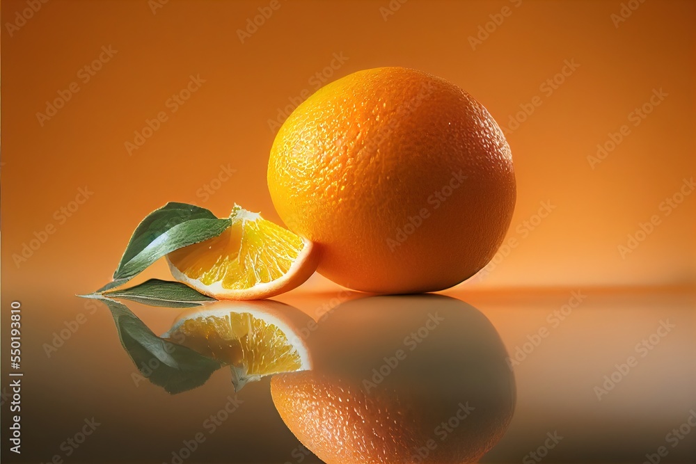Aufkleber a orange with a leaf on top of it next to another orange on a reflective surface with a reflection. 