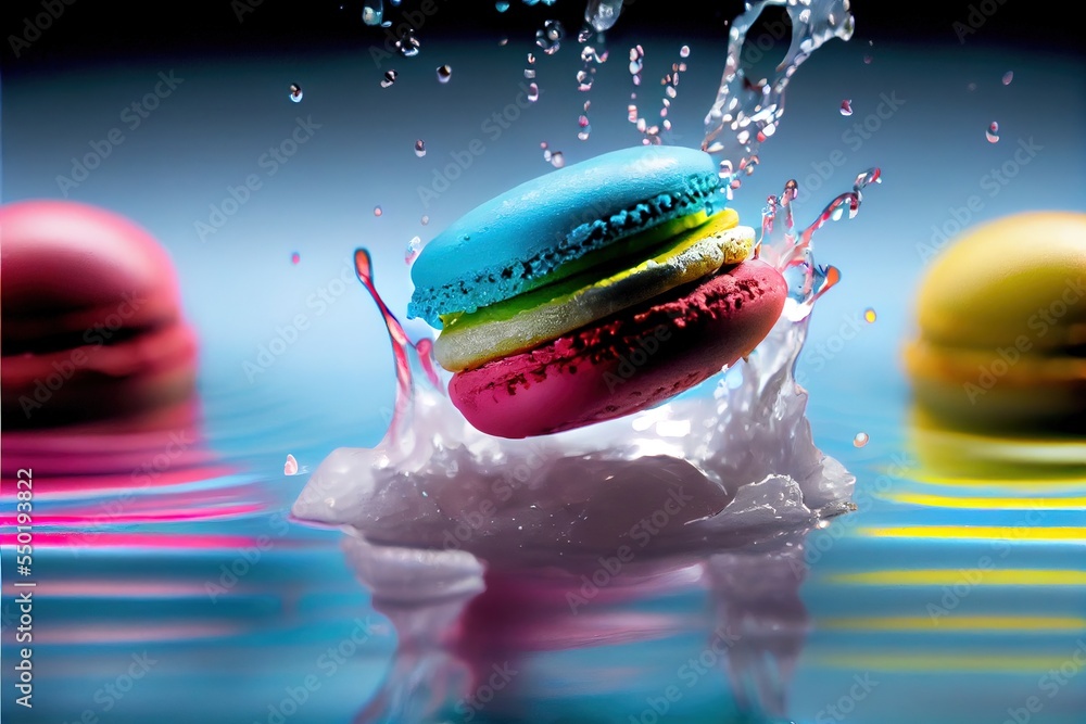 Poster a colorful macaroon splashing into a puddle of water on a blue surface with other macaroons. generat