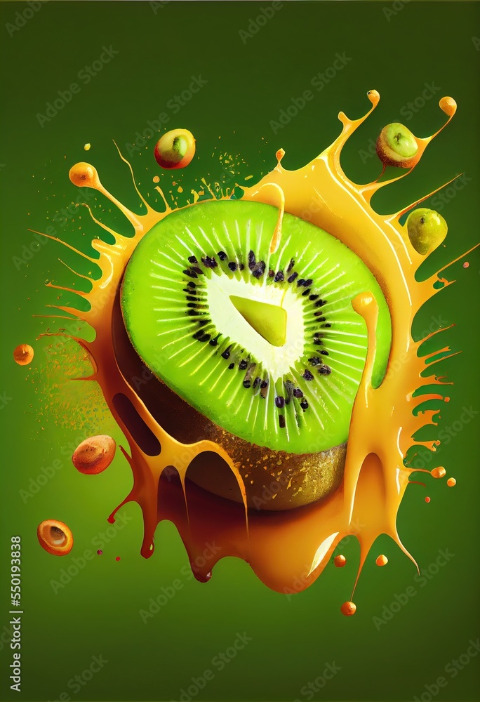 Poster a kiwi fruit with a green background and orange juice splashing around it and a green background wit