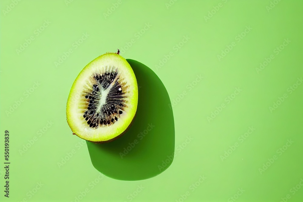 Poster a kiwi cut in half on a green background with a shadow of a kiwi on the side. generative ai