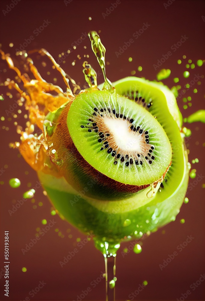 Poster a kiwi fruit is splashing into a glass of water with a red background and a splash of orange. genera