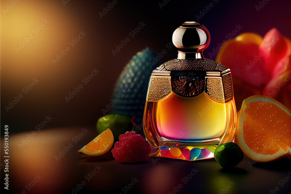 Poster a bottle of perfume surrounded by fruit and flowers on a table top with a dark background and a colo