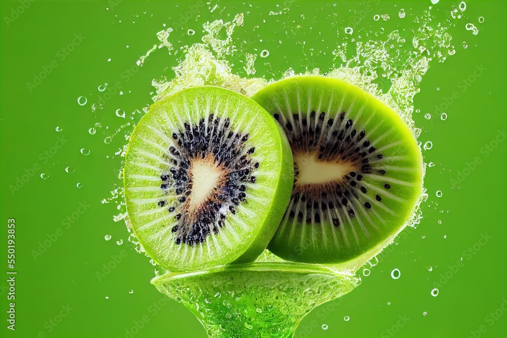 Poster a kiwi fruit is cut in half and is being splashed with water on a green background with bubbles. gen