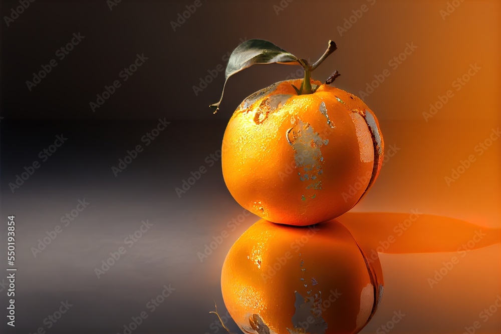 Poster a orange with a leaf on top of it sitting on a reflective surface with a reflection of itself on the