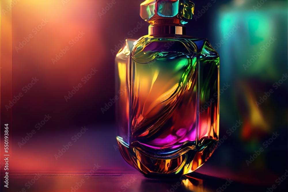 Poster a colorful glass bottle with a red cap on a table with a black background and a light reflection on 