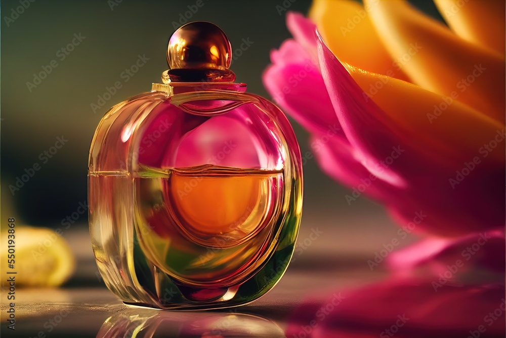 Poster a bottle of perfume sitting next to a flower on a table with a reflection of it on the surface. gene