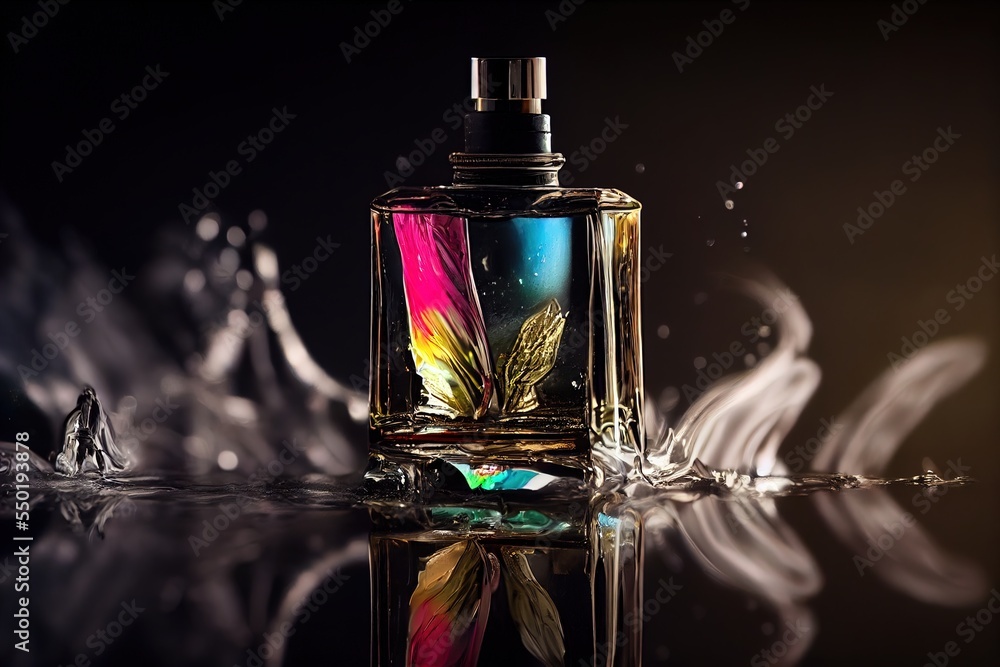 Aufkleber a bottle of perfume with a flower on it sitting on a reflective surface with a reflection of water a