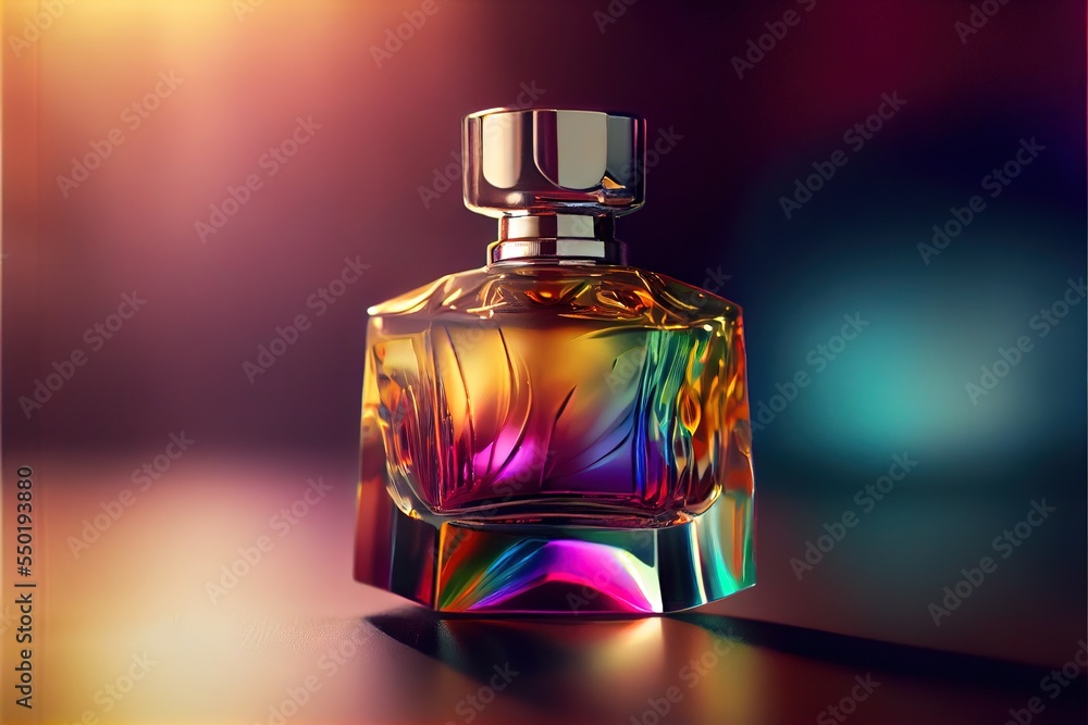 Poster a colorful glass bottle with a metal top on a table with a blurry background and a light reflection.