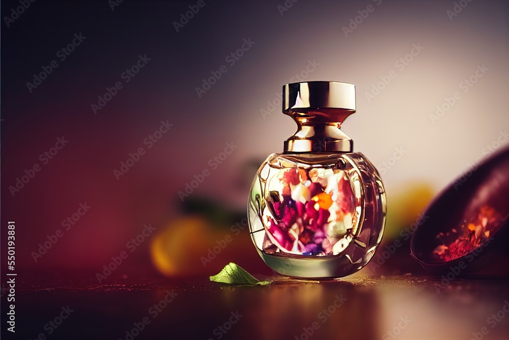 Poster a bottle of perfume with a flower inside of it on a table next to a spoon and a flower. generative a