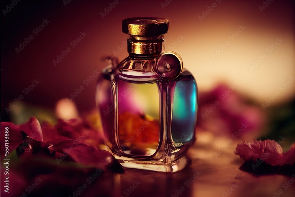 Poster a bottle of perfume sitting on a table with flowers around it and a blurry background behind it and 