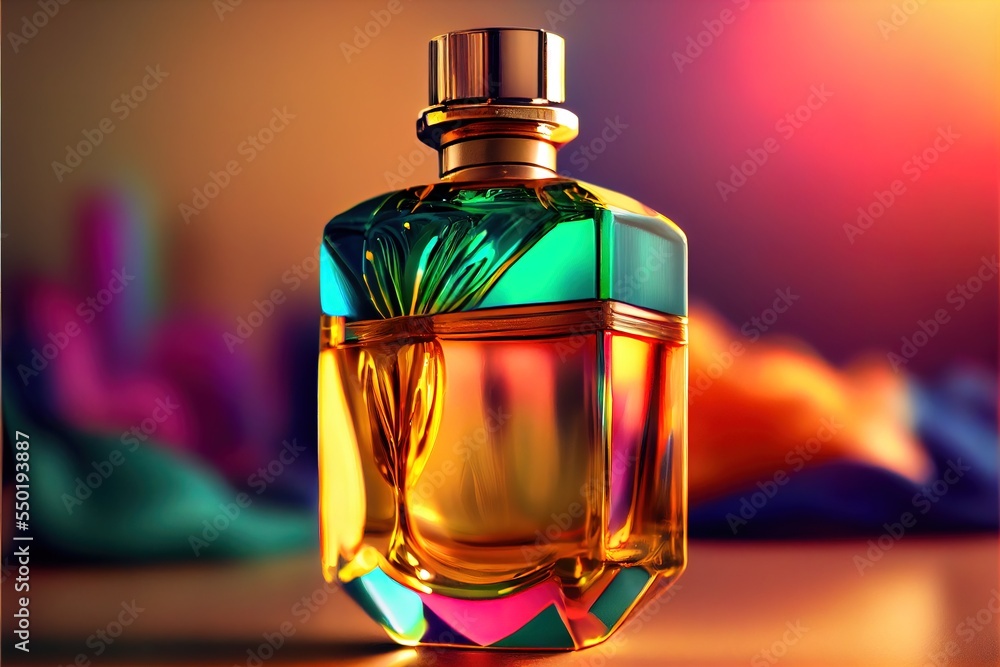 Poster a colorful bottle of perfume sitting on a table next to a colorful background with a fish in it's mo