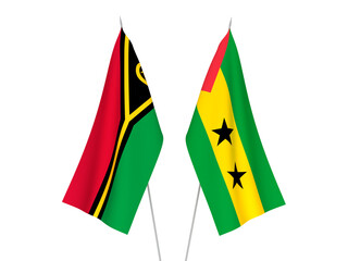 National fabric flags of Saint Thomas and Prince and Republic of Vanuatu isolated on white background. 3d rendering illustration.