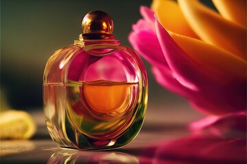  a bottle of perfume sitting next to a flower on a table with a reflection of it on the surface. Generative AI