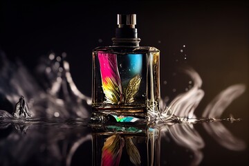  a bottle of perfume with a flower on it sitting on a reflective surface with a reflection of water and a bird of paradise. Generative AI